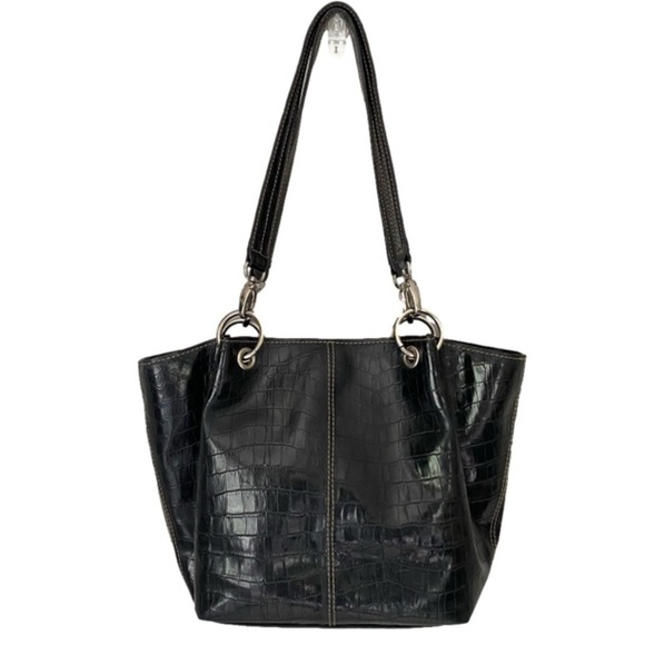 NINE WEST Faux Crocodile Patent Leather Shoulder Bag w/Matching Wristlet, Black - Picture 1 of 16